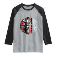Fierce Norge Viking Warrior with Horned Helmet Graphic Raglan Shirt Norway Pride Distressed Norwegian Flag and Runes