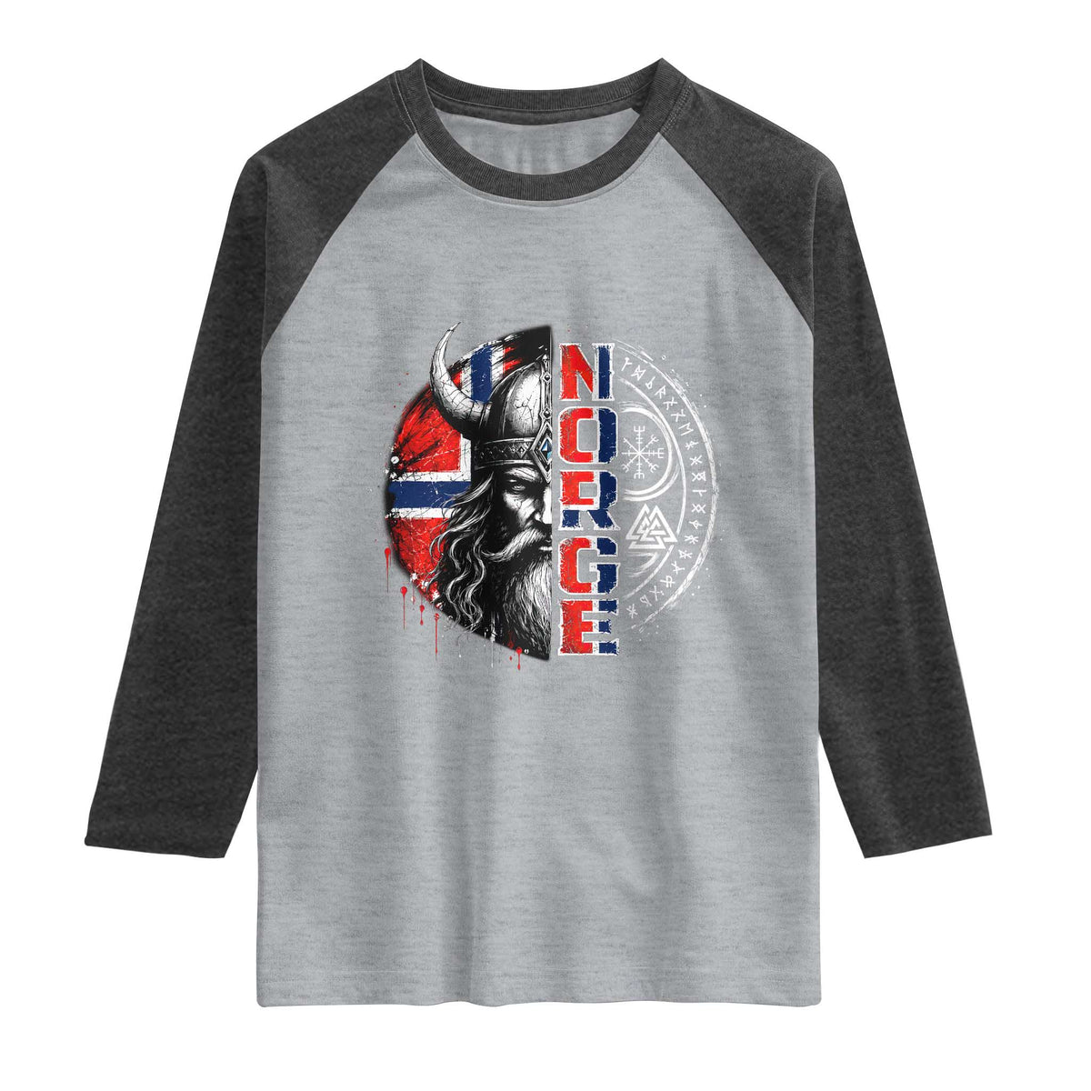 Fierce Norge Viking Warrior with Horned Helmet Graphic Raglan Shirt Norway Pride Distressed Norwegian Flag and Runes