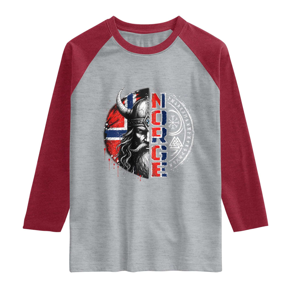 Fierce Norge Viking Warrior with Horned Helmet Graphic Raglan Shirt Norway Pride Distressed Norwegian Flag and Runes