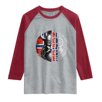 Fierce Norge Viking Warrior with Horned Helmet Graphic Raglan Shirt Norway Pride Distressed Norwegian Flag and Runes