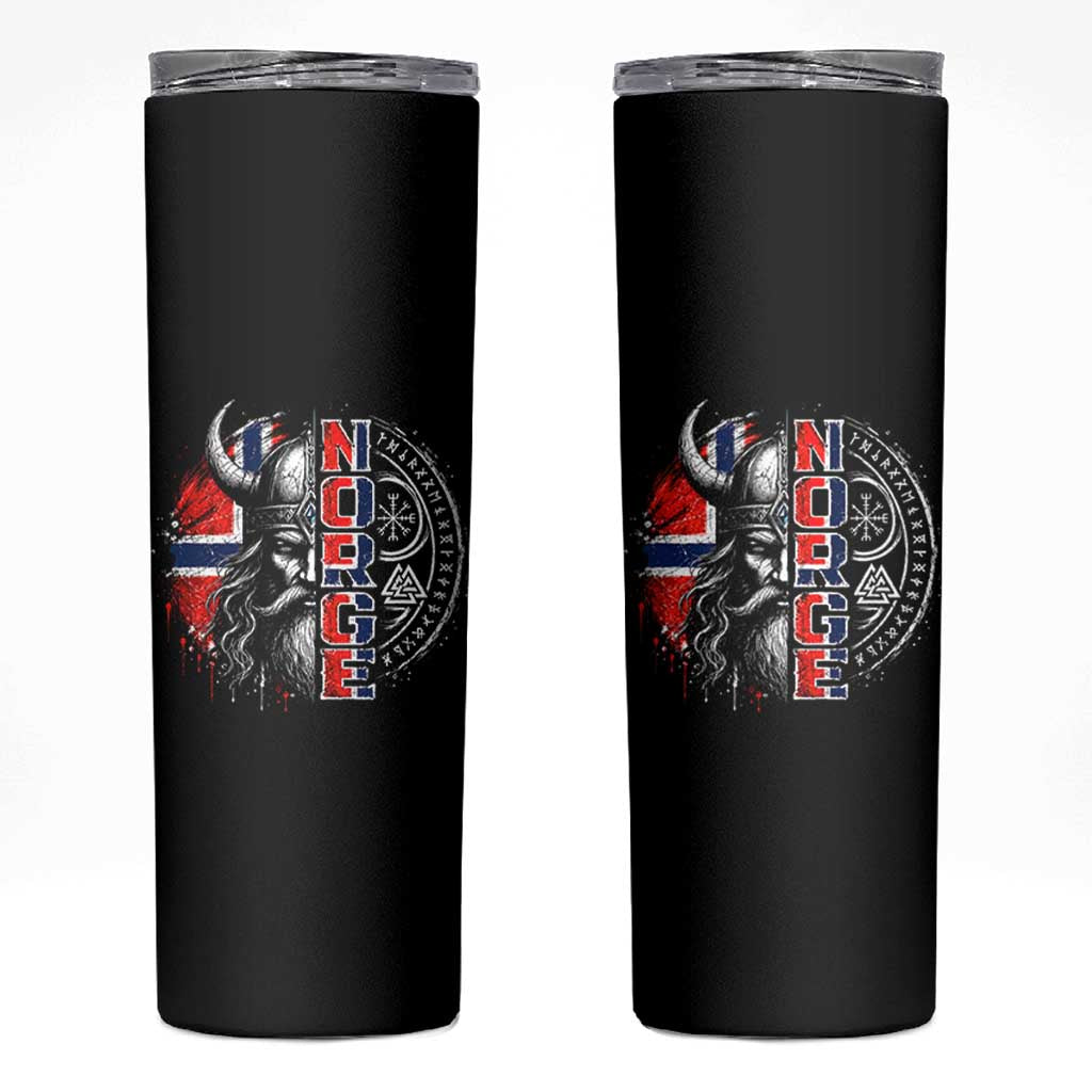 Fierce Norge Viking Warrior with Horned Helmet Graphic Skinny Tumbler Norway Pride Distressed Norwegian Flag and Runes