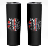 Fierce Norge Viking Warrior with Horned Helmet Graphic Skinny Tumbler Norway Pride Distressed Norwegian Flag and Runes