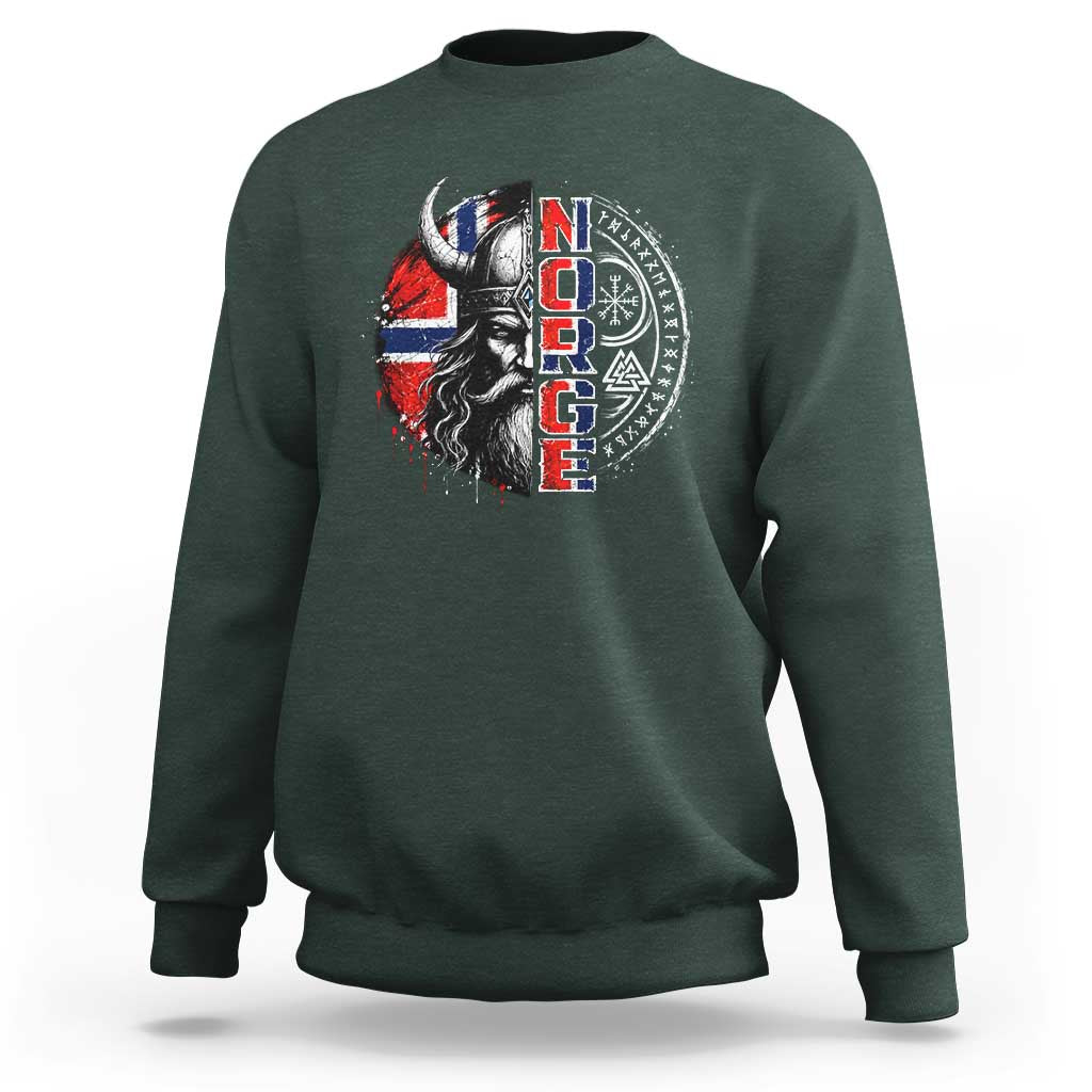 Fierce Norge Viking Warrior with Horned Helmet Graphic Sweatshirt Norway Pride Distressed Norwegian Flag and Runes