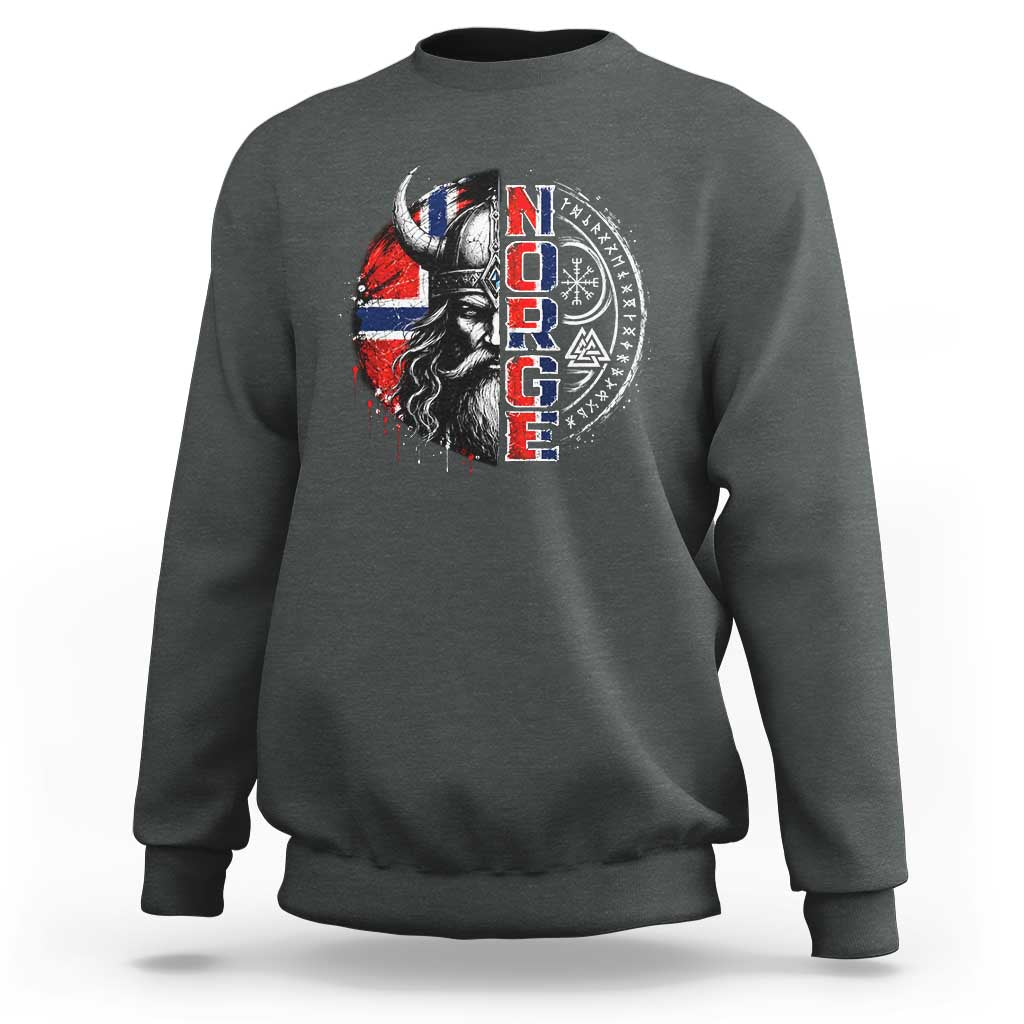 Fierce Norge Viking Warrior with Horned Helmet Graphic Sweatshirt Norway Pride Distressed Norwegian Flag and Runes