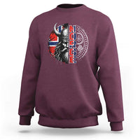 Fierce Norge Viking Warrior with Horned Helmet Graphic Sweatshirt Norway Pride Distressed Norwegian Flag and Runes