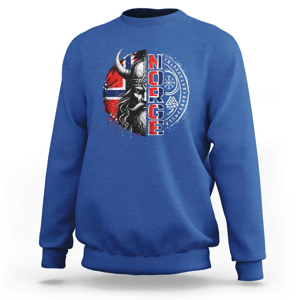 Fierce Norge Viking Warrior with Horned Helmet Graphic Sweatshirt Norway Pride Distressed Norwegian Flag and Runes