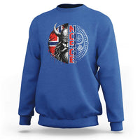 Fierce Norge Viking Warrior with Horned Helmet Graphic Sweatshirt Norway Pride Distressed Norwegian Flag and Runes