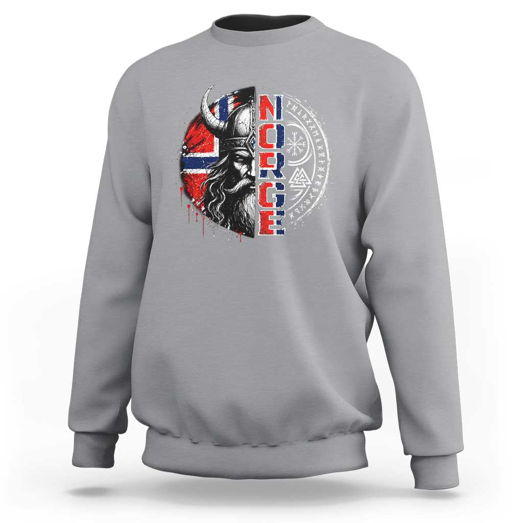 Fierce Norge Viking Warrior with Horned Helmet Graphic Sweatshirt Norway Pride Distressed Norwegian Flag and Runes