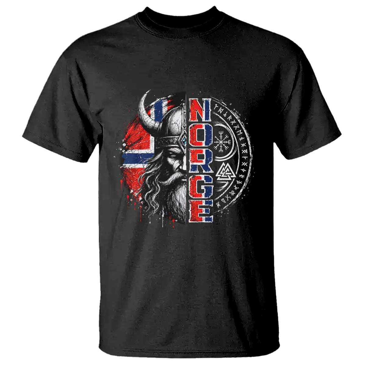 Fierce Norge Viking Warrior with Horned Helmet Graphic T Shirt Norway Pride Distressed Norwegian Flag and Runes