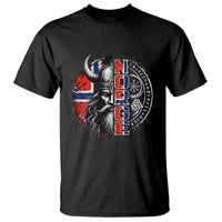 Fierce Norge Viking Warrior with Horned Helmet Graphic T Shirt Norway Pride Distressed Norwegian Flag and Runes