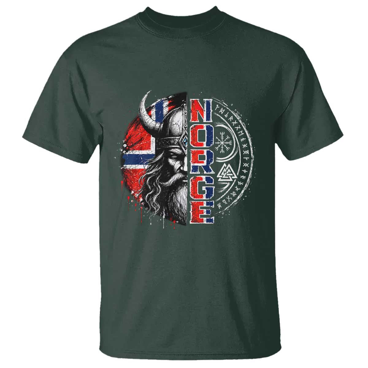 Fierce Norge Viking Warrior with Horned Helmet Graphic T Shirt Norway Pride Distressed Norwegian Flag and Runes