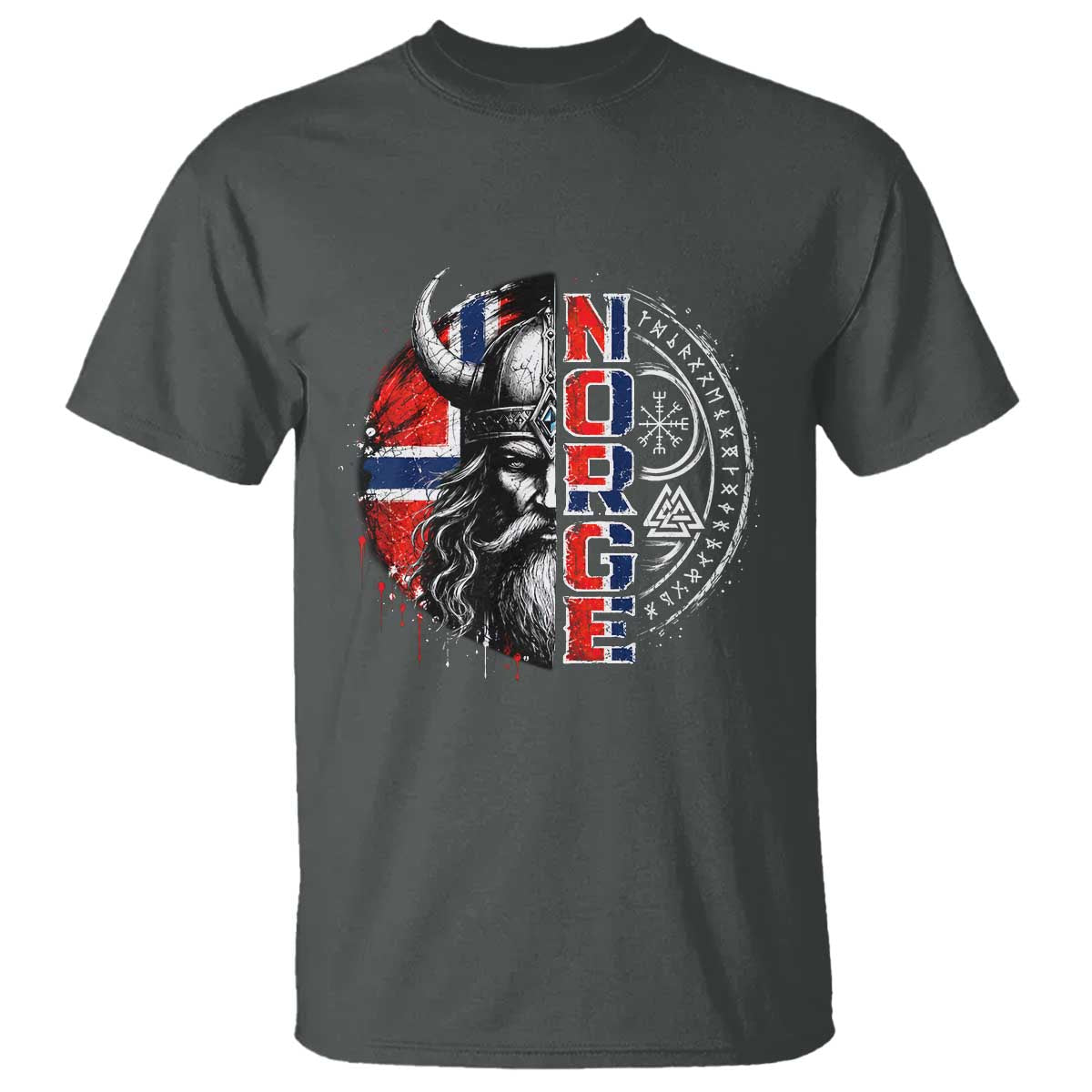 Fierce Norge Viking Warrior with Horned Helmet Graphic T Shirt Norway Pride Distressed Norwegian Flag and Runes