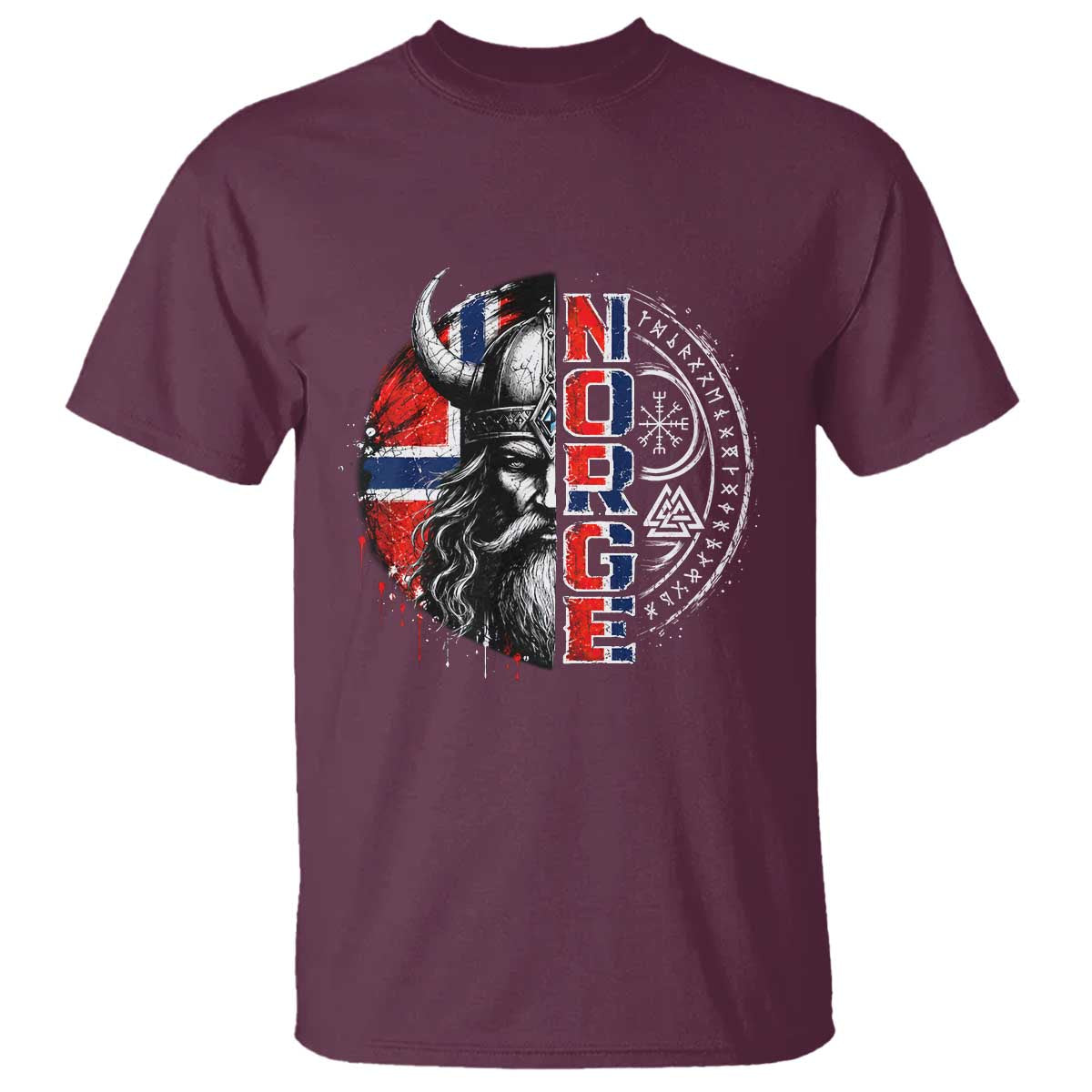 Fierce Norge Viking Warrior with Horned Helmet Graphic T Shirt Norway Pride Distressed Norwegian Flag and Runes