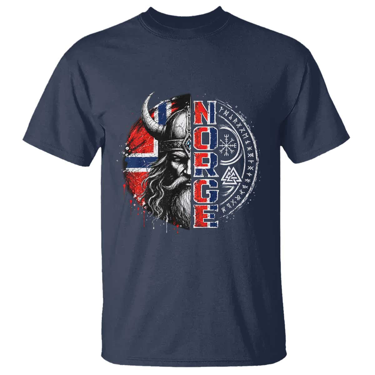 Fierce Norge Viking Warrior with Horned Helmet Graphic T Shirt Norway Pride Distressed Norwegian Flag and Runes