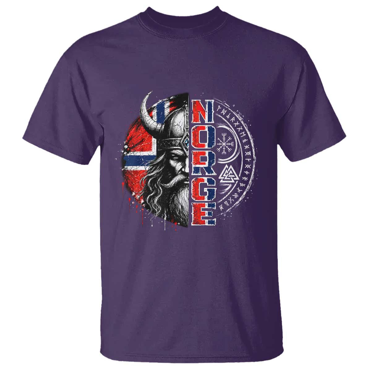 Fierce Norge Viking Warrior with Horned Helmet Graphic T Shirt Norway Pride Distressed Norwegian Flag and Runes