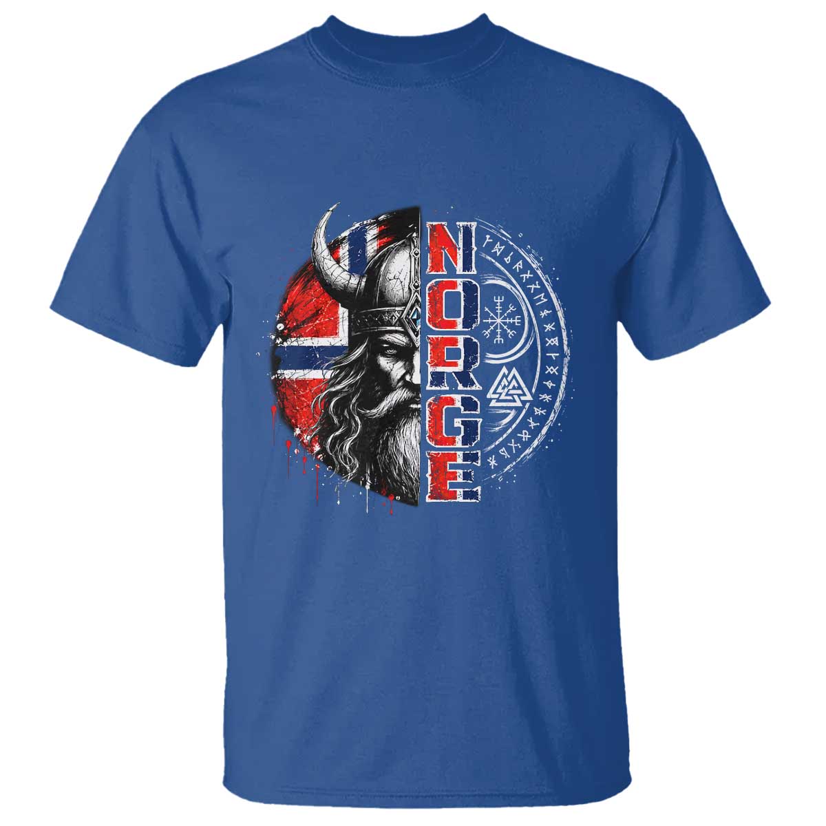Fierce Norge Viking Warrior with Horned Helmet Graphic T Shirt Norway Pride Distressed Norwegian Flag and Runes