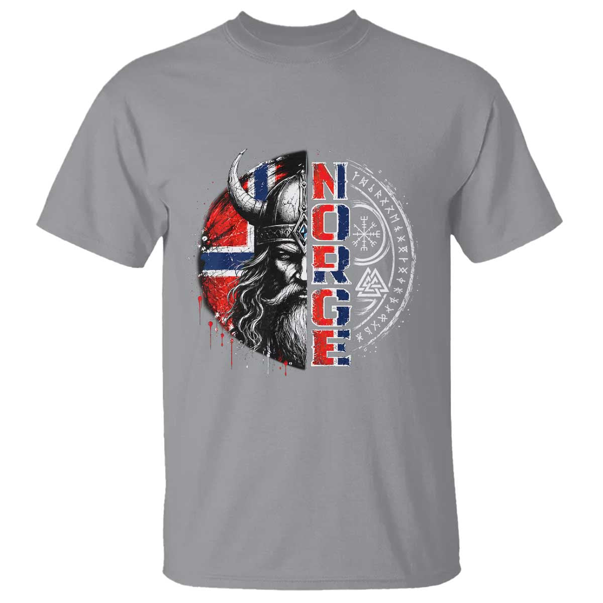 Fierce Norge Viking Warrior with Horned Helmet Graphic T Shirt Norway Pride Distressed Norwegian Flag and Runes