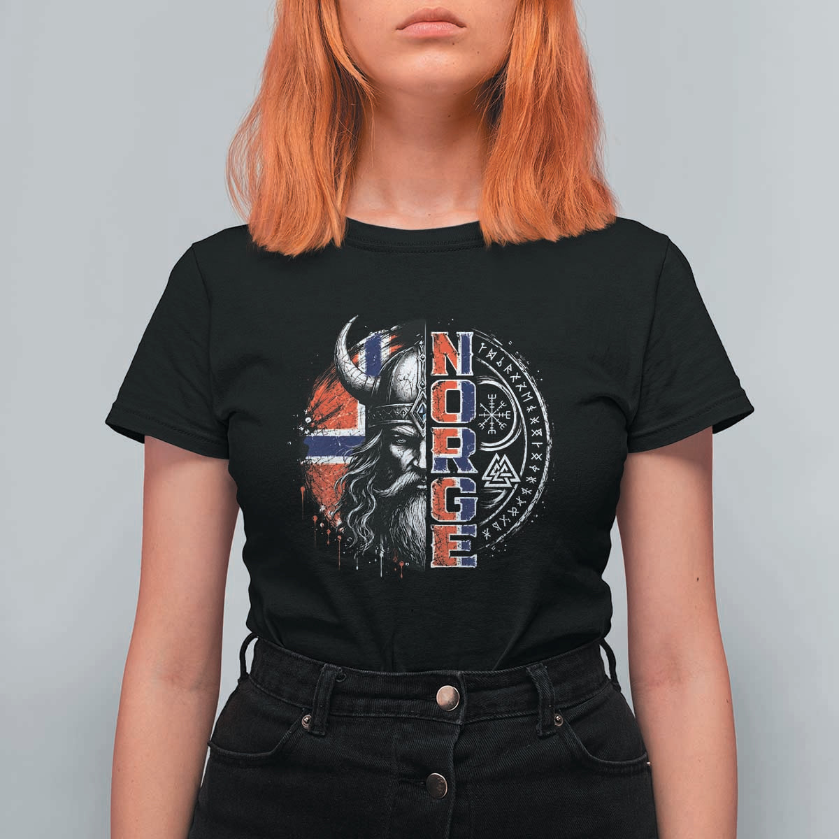 Fierce Norge Viking Warrior with Horned Helmet Graphic T Shirt For Women Norway Pride Distressed Norwegian Flag and Runes