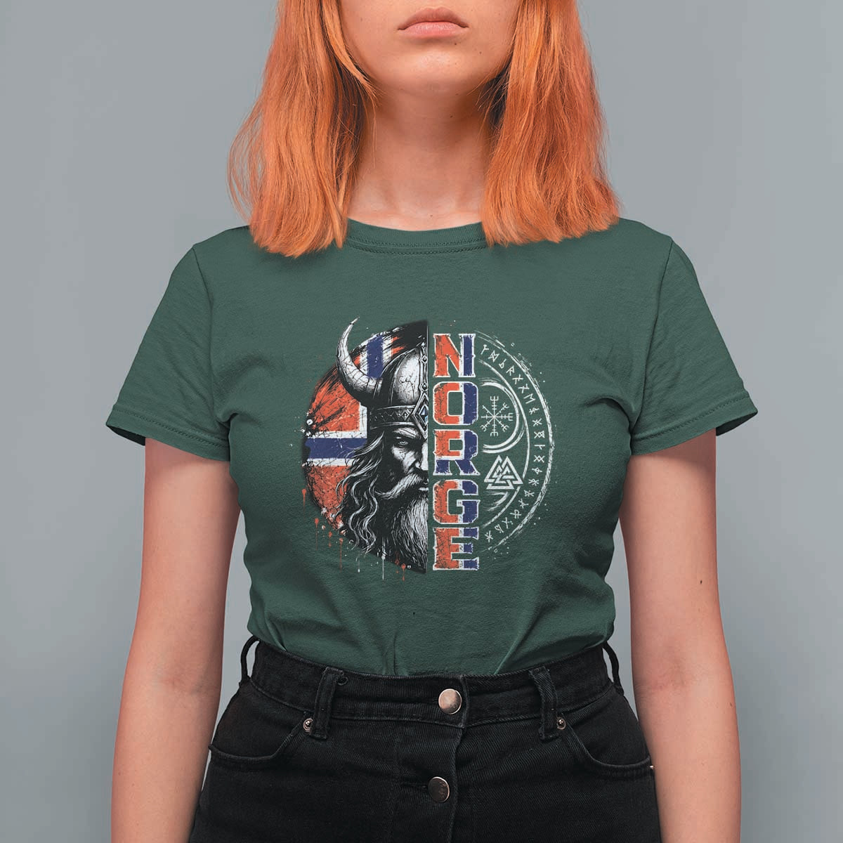 Fierce Norge Viking Warrior with Horned Helmet Graphic T Shirt For Women Norway Pride Distressed Norwegian Flag and Runes