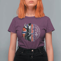 Fierce Norge Viking Warrior with Horned Helmet Graphic T Shirt For Women Norway Pride Distressed Norwegian Flag and Runes