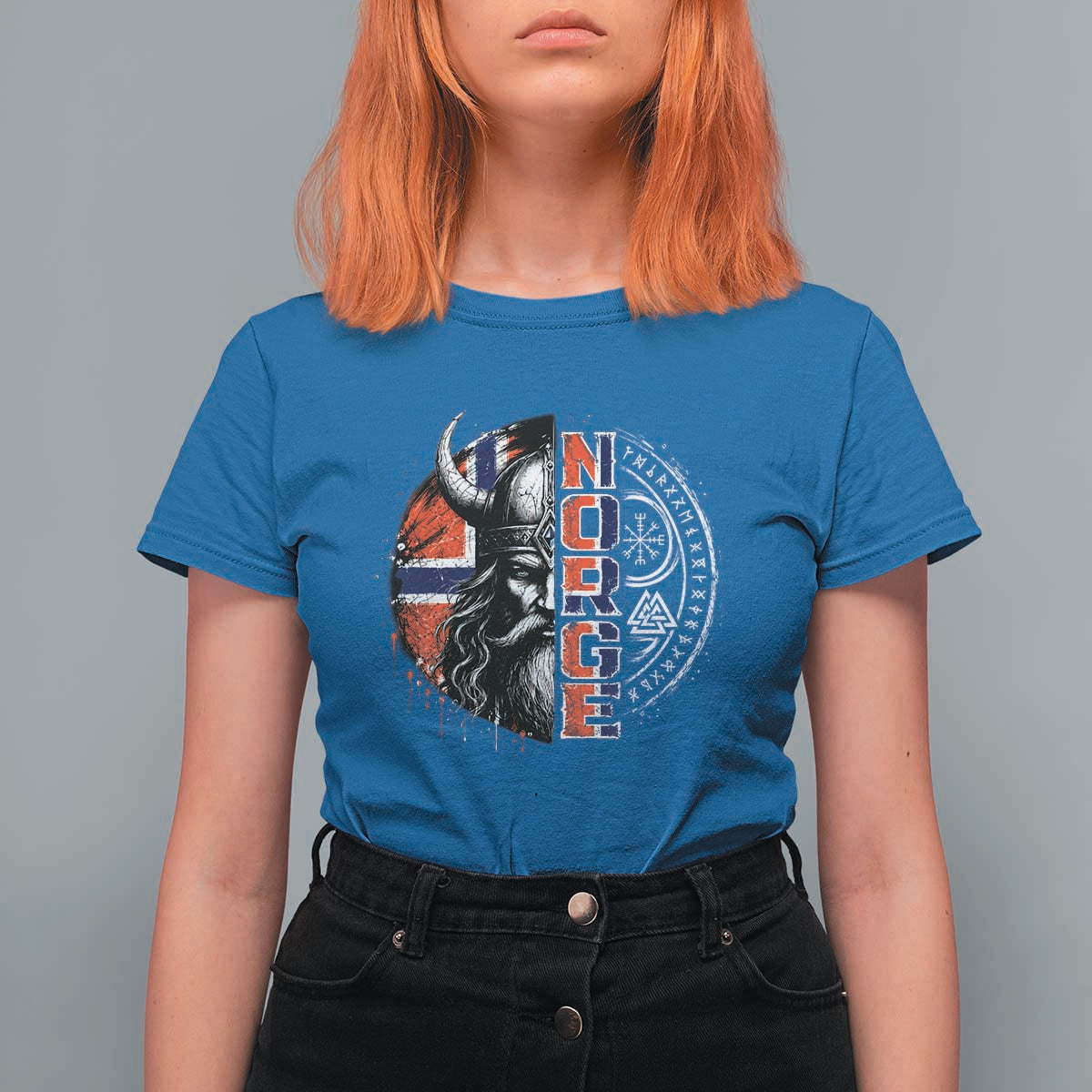 Fierce Norge Viking Warrior with Horned Helmet Graphic T Shirt For Women Norway Pride Distressed Norwegian Flag and Runes