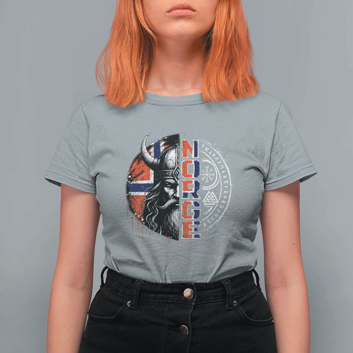 Fierce Norge Viking Warrior with Horned Helmet Graphic T Shirt For Women Norway Pride Distressed Norwegian Flag and Runes