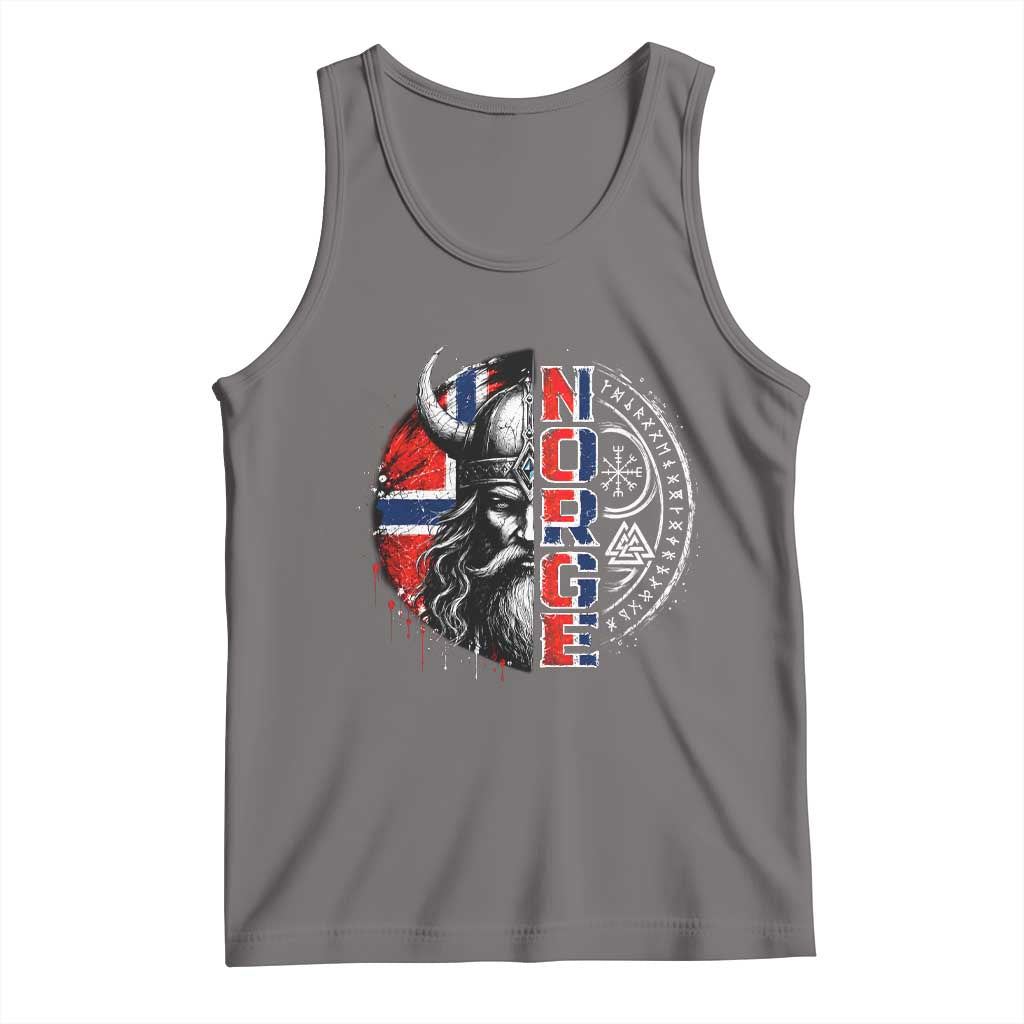 Fierce Norge Viking Warrior with Horned Helmet Graphic Tank Top Norway Pride Distressed Norwegian Flag and Runes