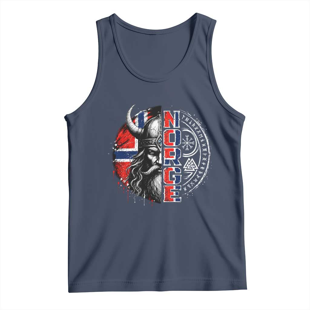 Fierce Norge Viking Warrior with Horned Helmet Graphic Tank Top Norway Pride Distressed Norwegian Flag and Runes