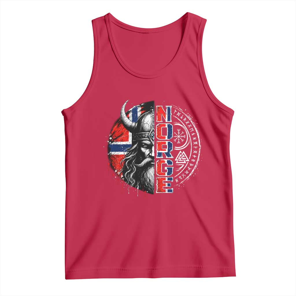Fierce Norge Viking Warrior with Horned Helmet Graphic Tank Top Norway Pride Distressed Norwegian Flag and Runes