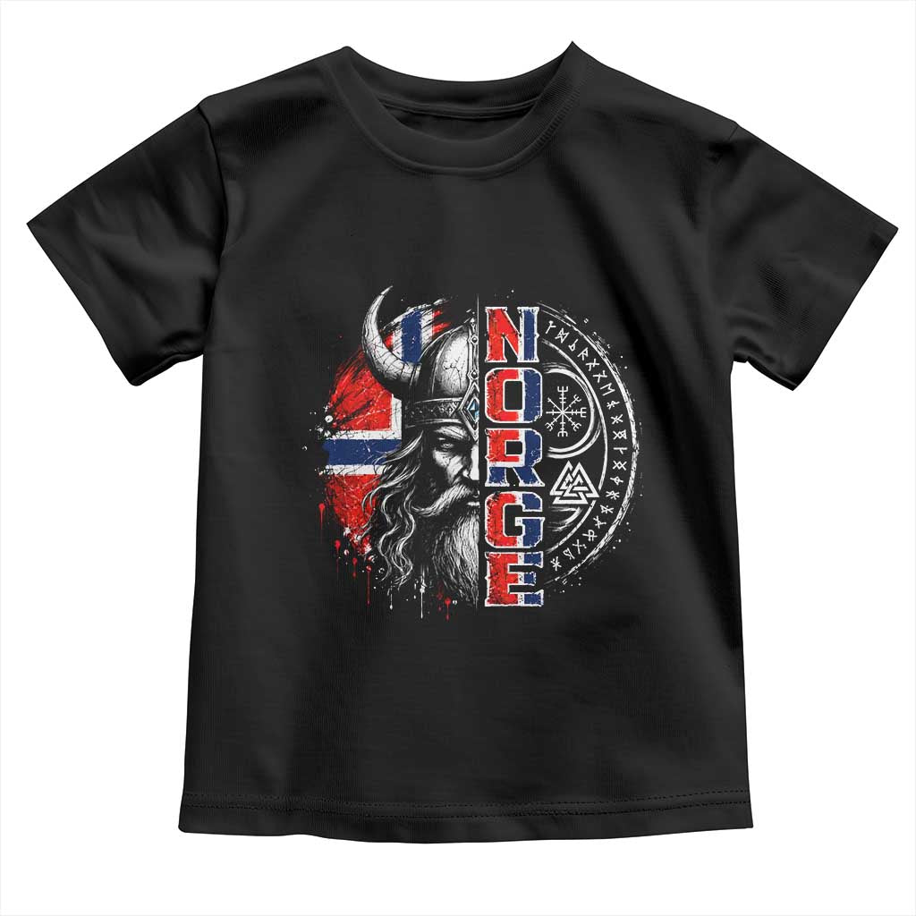 Fierce Norge Viking Warrior with Horned Helmet Graphic Toddler T Shirt Norway Pride Distressed Norwegian Flag and Runes