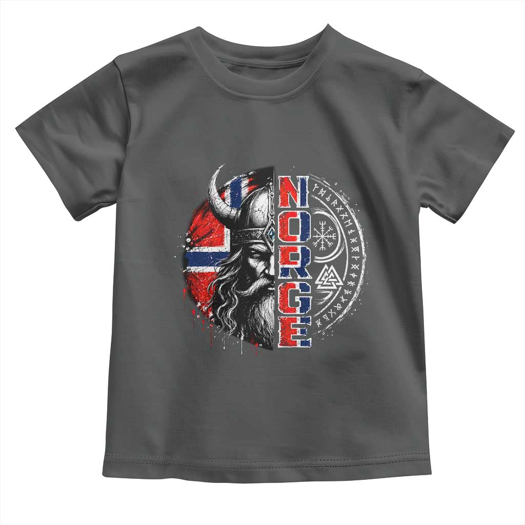 Fierce Norge Viking Warrior with Horned Helmet Graphic Toddler T Shirt Norway Pride Distressed Norwegian Flag and Runes