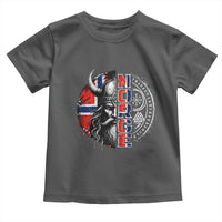 Fierce Norge Viking Warrior with Horned Helmet Graphic Toddler T Shirt Norway Pride Distressed Norwegian Flag and Runes
