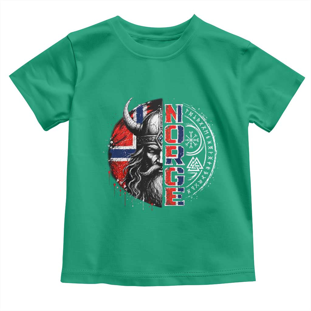 Fierce Norge Viking Warrior with Horned Helmet Graphic Toddler T Shirt Norway Pride Distressed Norwegian Flag and Runes