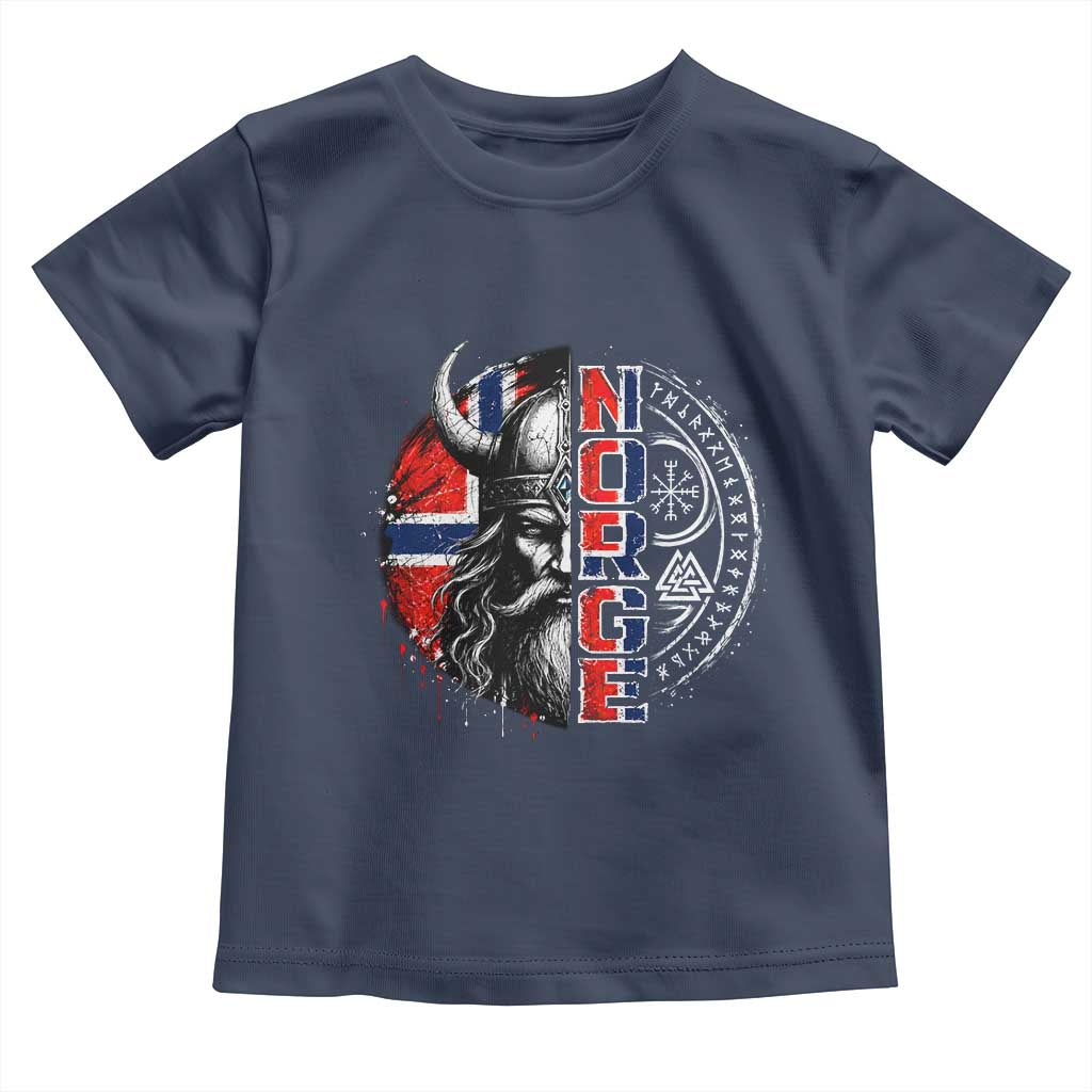 Fierce Norge Viking Warrior with Horned Helmet Graphic Toddler T Shirt Norway Pride Distressed Norwegian Flag and Runes