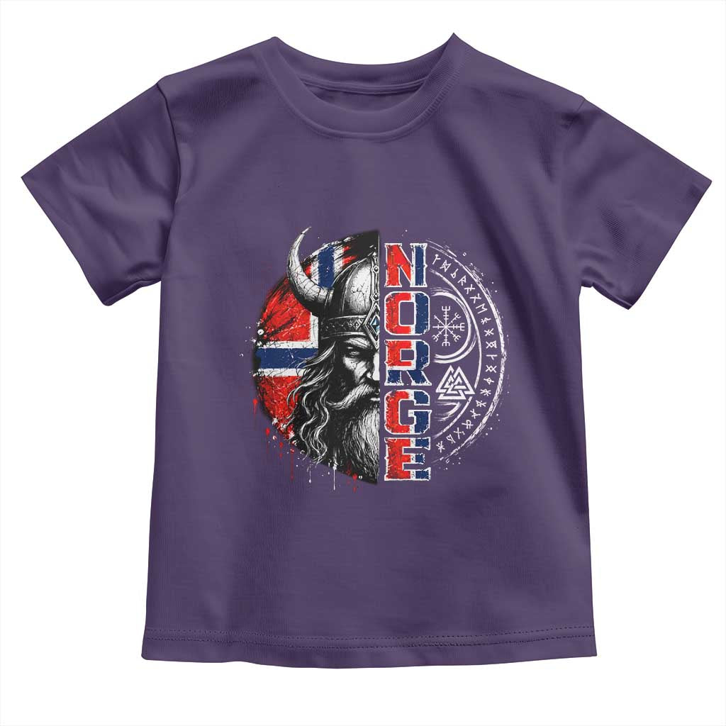 Fierce Norge Viking Warrior with Horned Helmet Graphic Toddler T Shirt Norway Pride Distressed Norwegian Flag and Runes