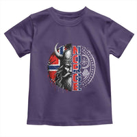 Fierce Norge Viking Warrior with Horned Helmet Graphic Toddler T Shirt Norway Pride Distressed Norwegian Flag and Runes