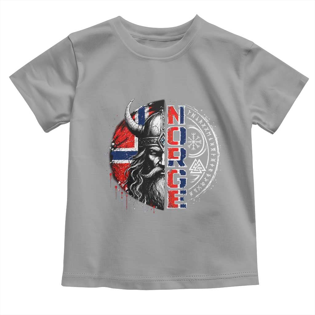 Fierce Norge Viking Warrior with Horned Helmet Graphic Toddler T Shirt Norway Pride Distressed Norwegian Flag and Runes