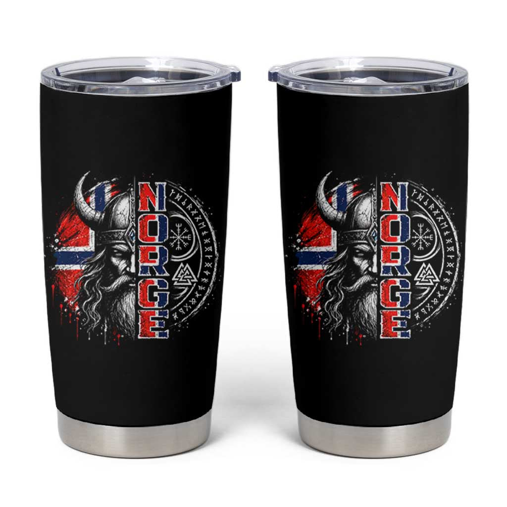 Fierce Norge Viking Warrior with Horned Helmet Graphic Tumbler Cup Norway Pride Distressed Norwegian Flag and Runes