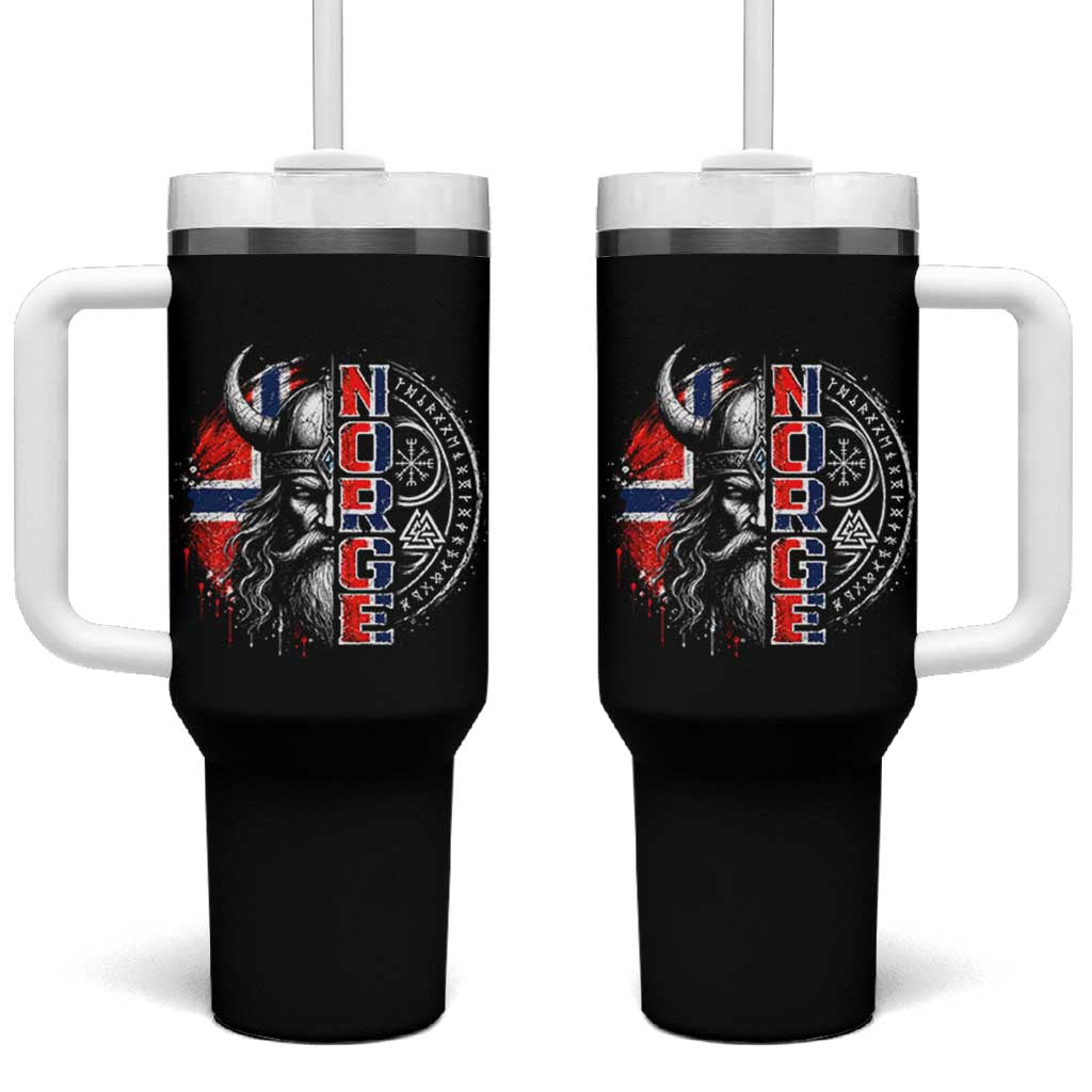 Fierce Norge Viking Warrior with Horned Helmet Graphic Tumbler With Handle Norway Pride Distressed Norwegian Flag and Runes