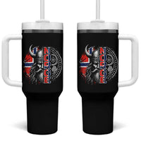 Fierce Norge Viking Warrior with Horned Helmet Graphic Tumbler With Handle Norway Pride Distressed Norwegian Flag and Runes