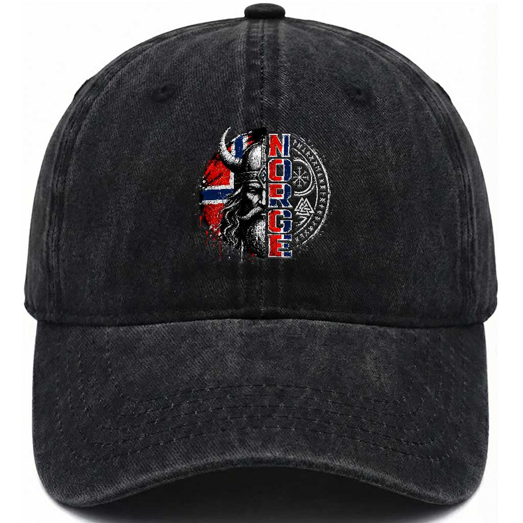 Fierce Norge Viking Warrior with Horned Helmet Graphic Washed Cotton Baseball Cap Norway Pride Distressed Norwegian Flag and Runes