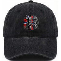 Fierce Norge Viking Warrior with Horned Helmet Graphic Washed Cotton Baseball Cap Norway Pride Distressed Norwegian Flag and Runes