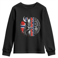 Fierce Norge Viking Warrior with Horned Helmet Graphic Youth Sweatshirt Norway Pride Distressed Norwegian Flag and Runes