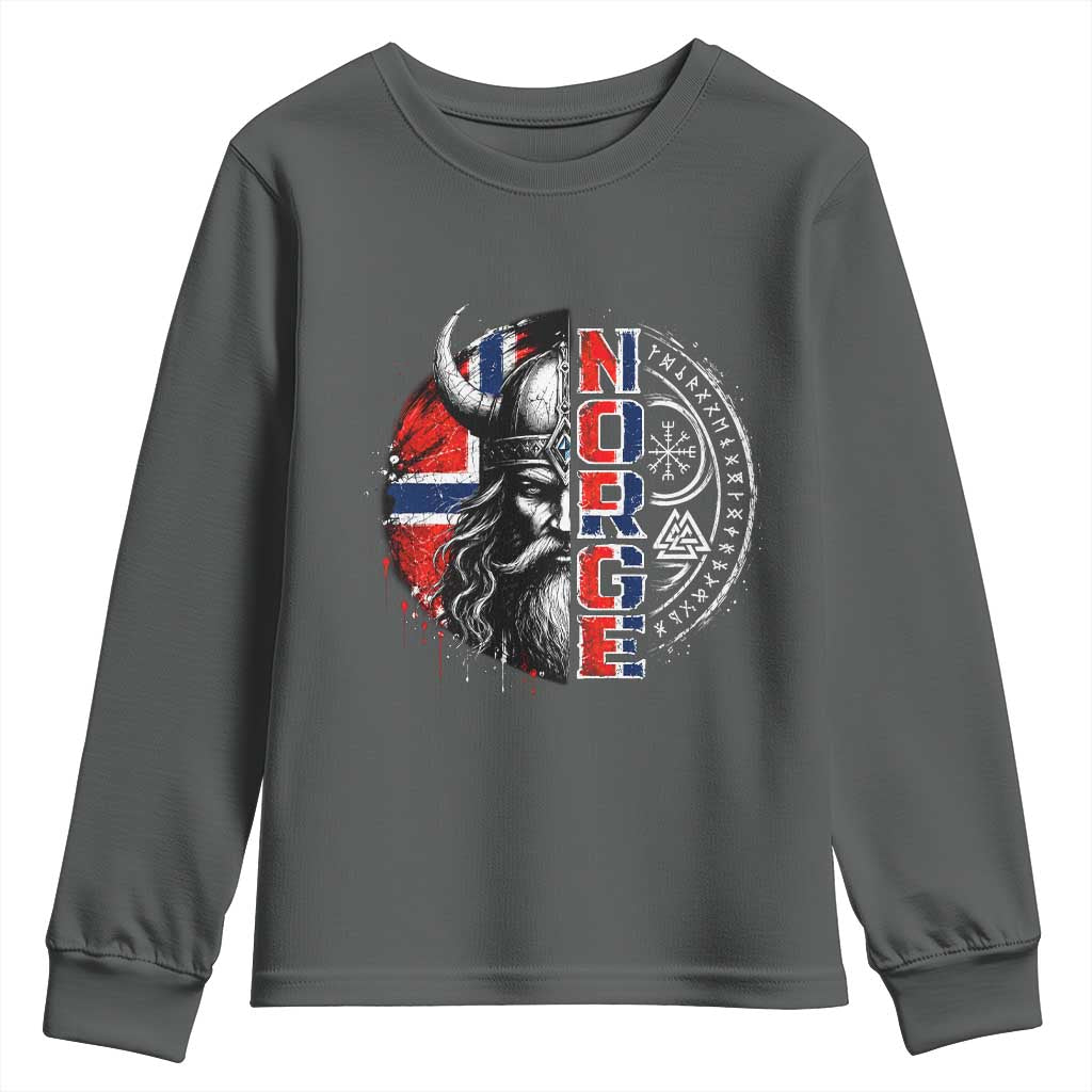 Fierce Norge Viking Warrior with Horned Helmet Graphic Youth Sweatshirt Norway Pride Distressed Norwegian Flag and Runes