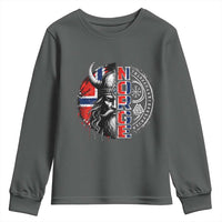 Fierce Norge Viking Warrior with Horned Helmet Graphic Youth Sweatshirt Norway Pride Distressed Norwegian Flag and Runes