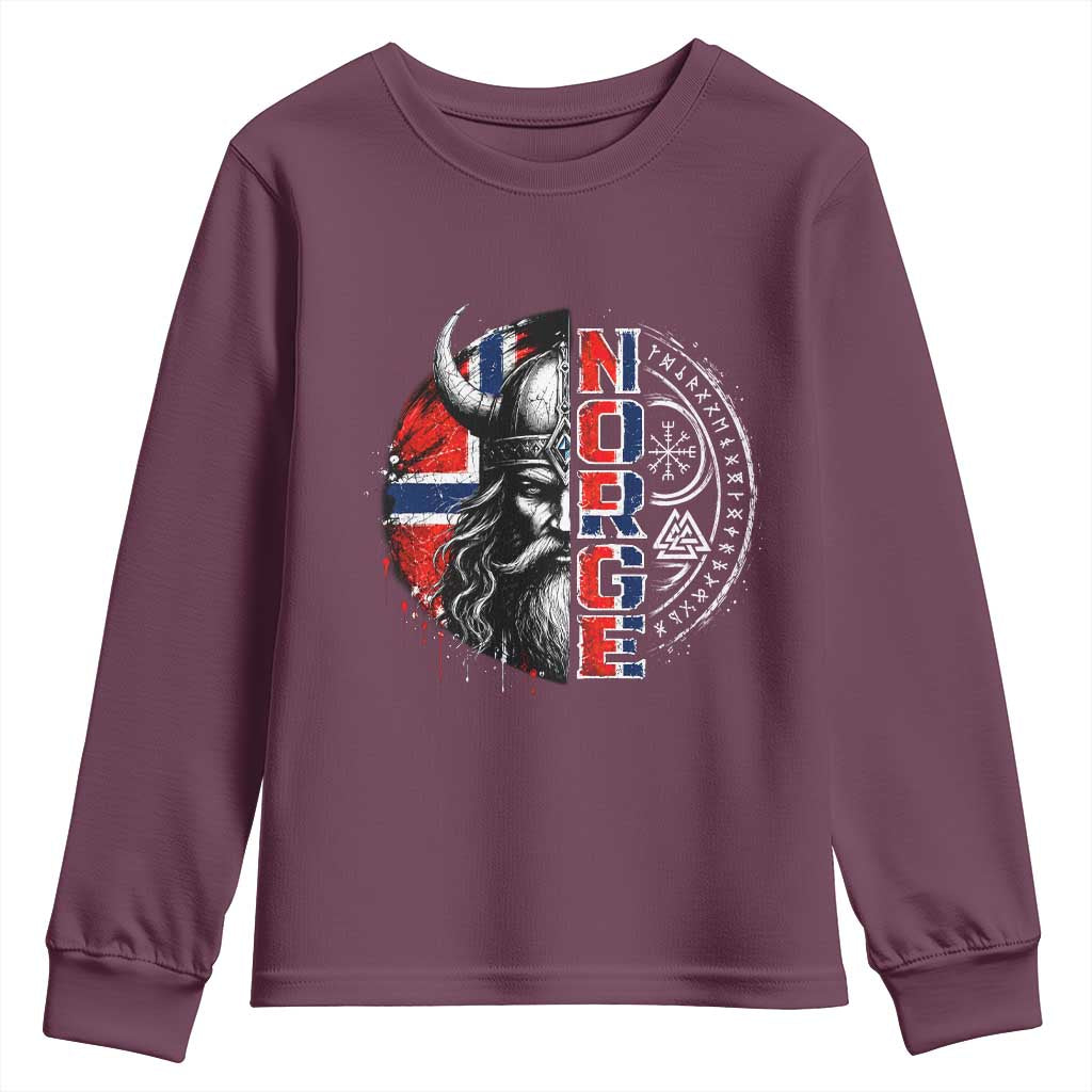 Fierce Norge Viking Warrior with Horned Helmet Graphic Youth Sweatshirt Norway Pride Distressed Norwegian Flag and Runes