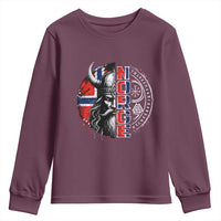 Fierce Norge Viking Warrior with Horned Helmet Graphic Youth Sweatshirt Norway Pride Distressed Norwegian Flag and Runes