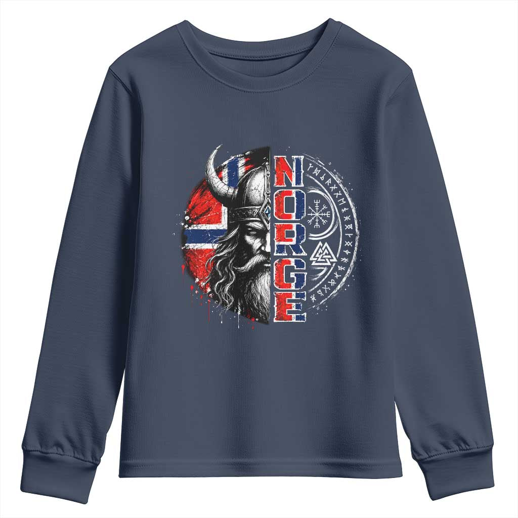 Fierce Norge Viking Warrior with Horned Helmet Graphic Youth Sweatshirt Norway Pride Distressed Norwegian Flag and Runes