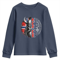 Fierce Norge Viking Warrior with Horned Helmet Graphic Youth Sweatshirt Norway Pride Distressed Norwegian Flag and Runes