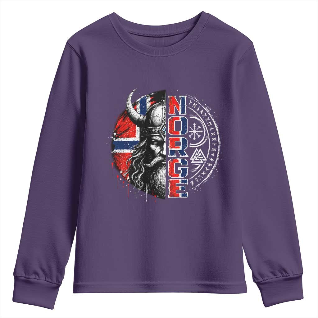 Fierce Norge Viking Warrior with Horned Helmet Graphic Youth Sweatshirt Norway Pride Distressed Norwegian Flag and Runes